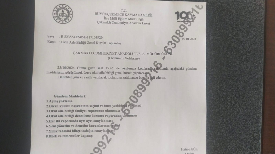 25/10/2024 Cuma günü saat 15.45'de okulumuz konferans salonunda aşağıdaki gündem maddeleri görüşülmek üzere okul aile birliği genel kurulu yapılacaktır.